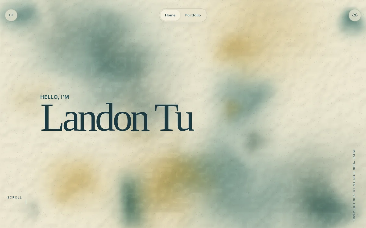 The Landon Tu personal website over its interactive watercolor background
